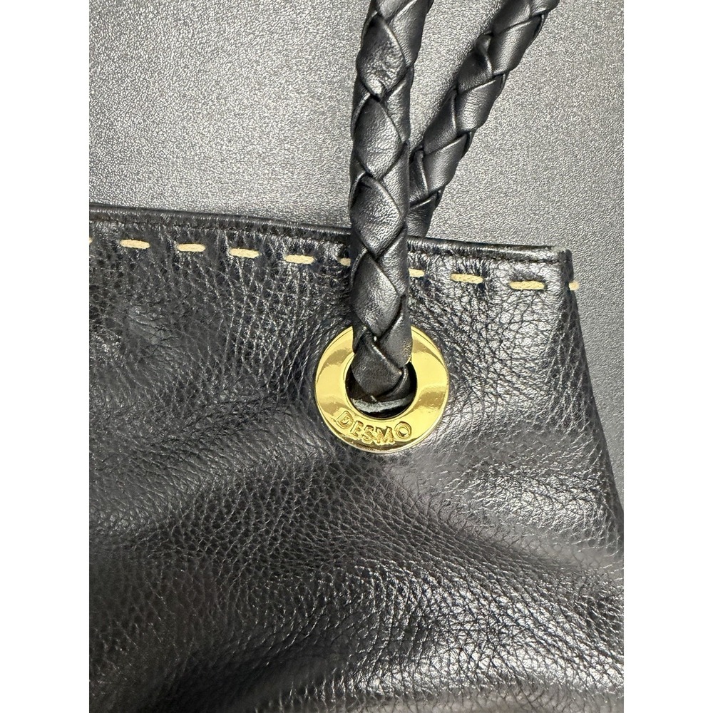 DESMO Italian Leather Purse Black Pebble Grain Gold Hardware Braided Strap - Picture 3 of 6